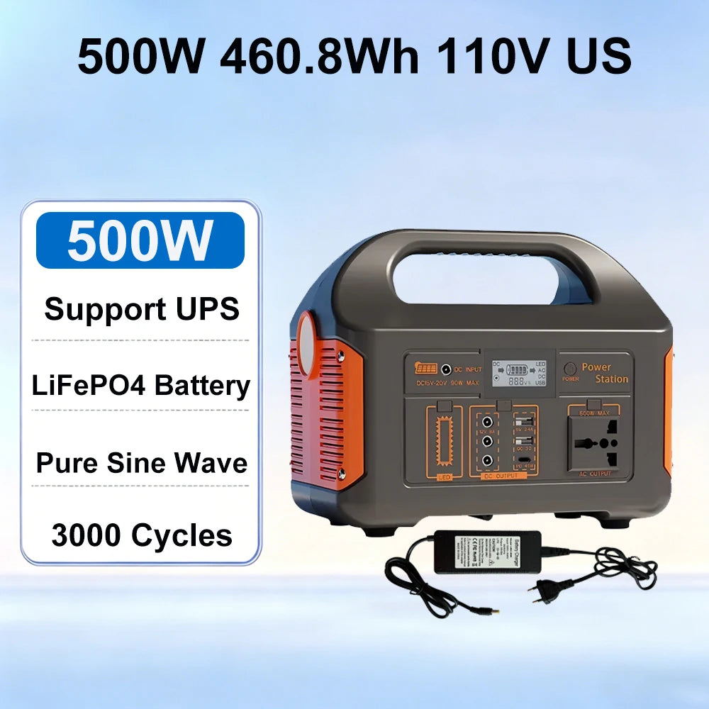 300W 500W Portable Solar Generator 110V 460.8Wh LiFePO4 Battery Power Station UPS Backup Power Bank LED Light for Home Camping Outdoor Emergency Power