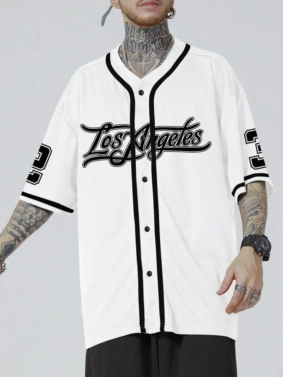 Men White Short Sleeve Baseball Shirt With Contrast Trim And Los Angeles Letter Print Casual Street Style