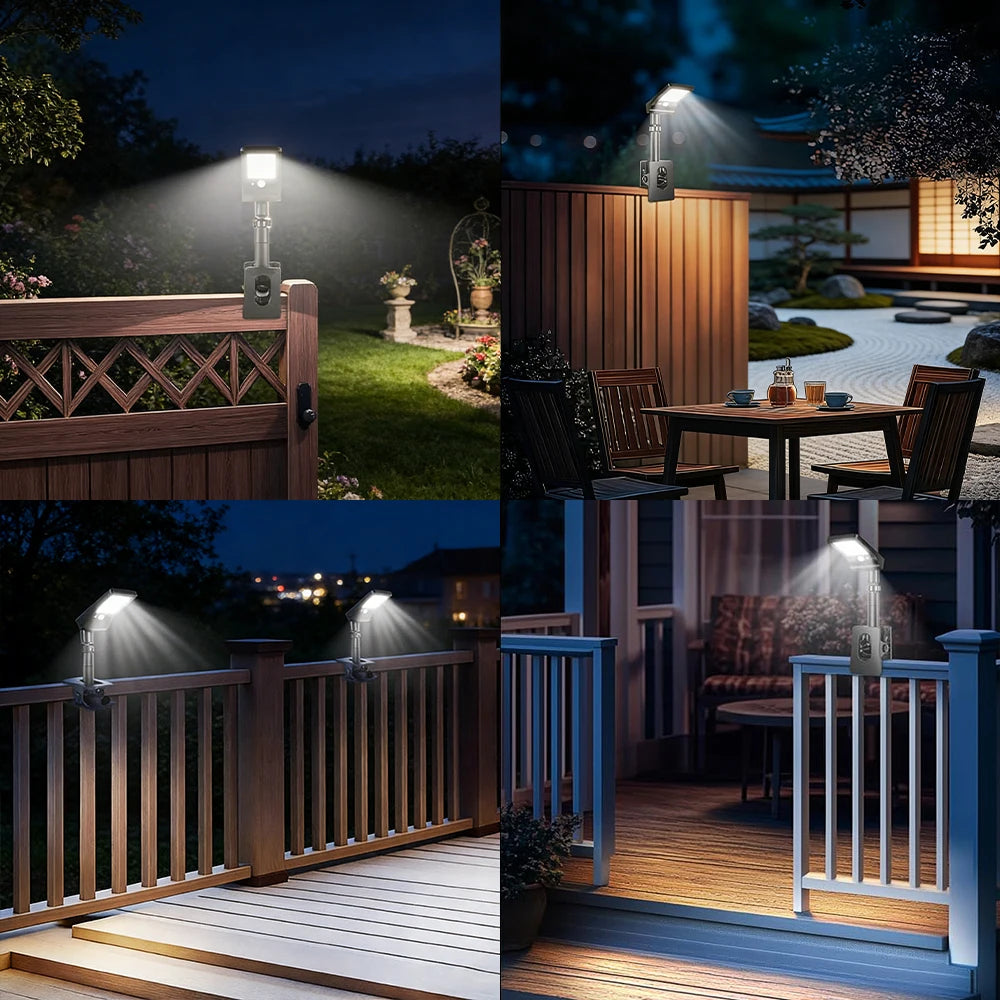 2PCS Clip-On Outdoor Solar Lights with Motion Sensor, 360° Rotatable & Vertically Adjustable Solar Fence Lights, IP65 Waterproof Security Lights for Decks, Gutters and Camping