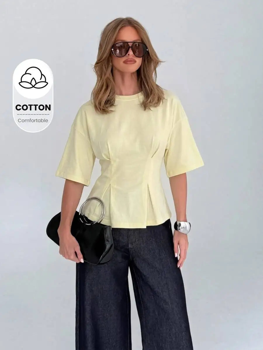 Cotton Elegant Peplum Tee With Kimono Sleeves Elbow Length Flutter Sleeve Office Wear