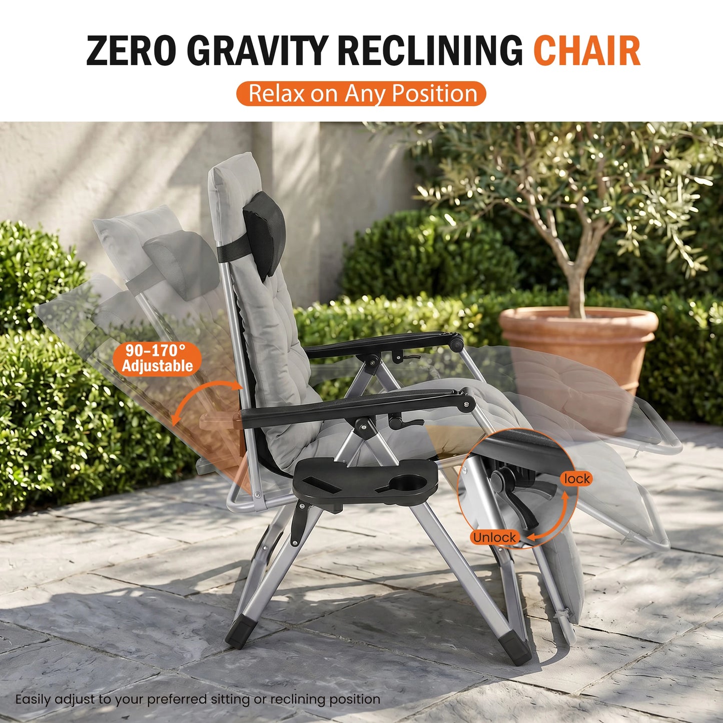Zero Gravity Reclining Camping Lounge Chair for Outdoor Soft Cushion Patio Chairs with Cup Holder Trays and Removable Cushion Folding Recliner for Indoor