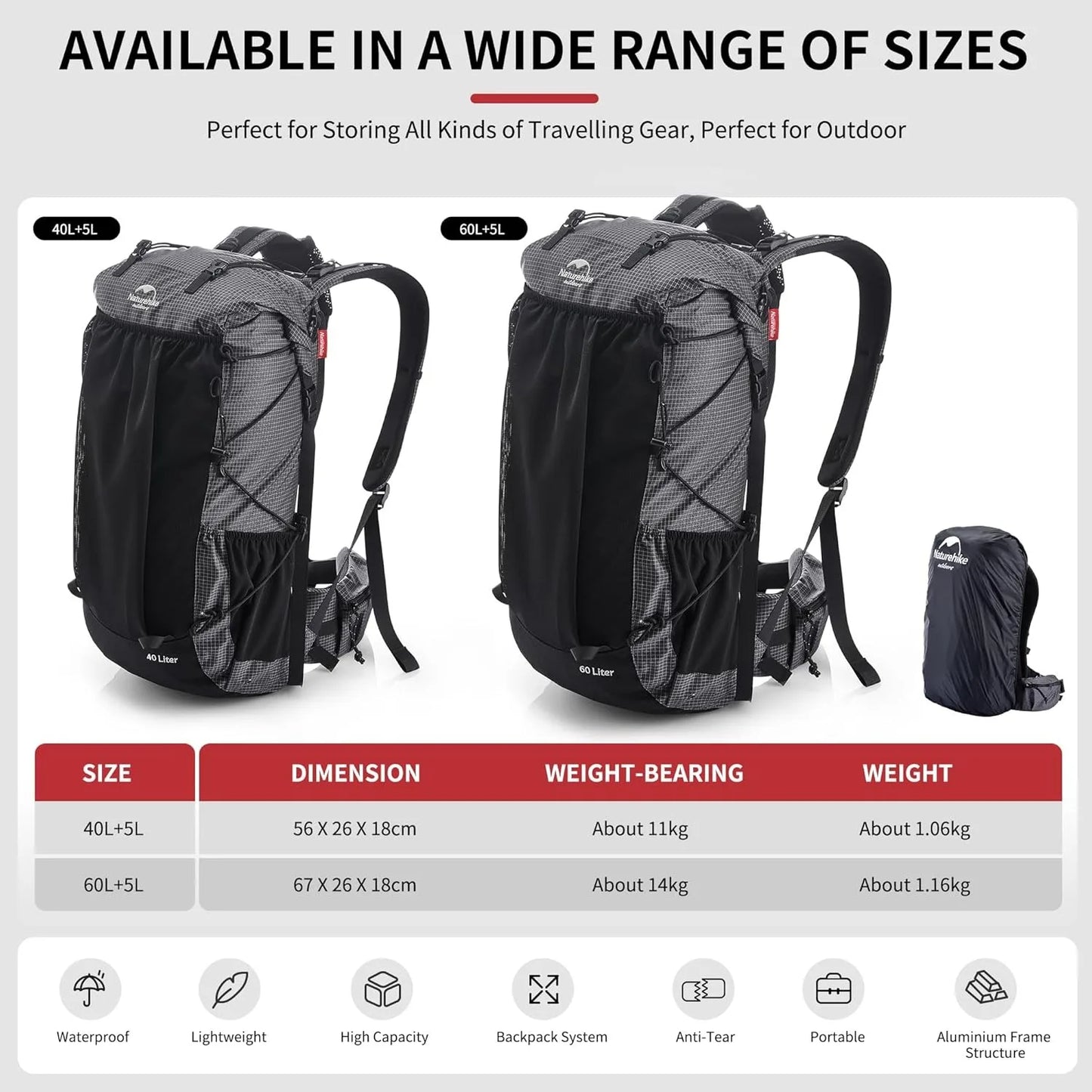 Outdoor Bags 40L 60L Travel Backpacks Large Capacity 60+5L Camping Hiking Packs Hiking Bag With Rain Cover