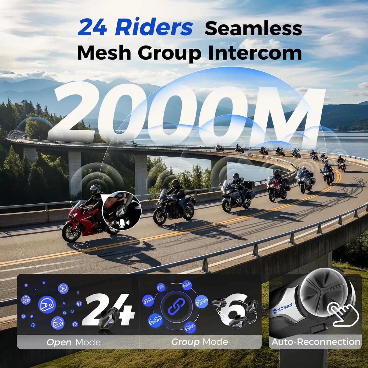 Motorcycle Bluetooth Helmet Headset Intercom 1000mAh MOTO Communicator 2000m Interphone for 24 Riders IP65 Waterproof