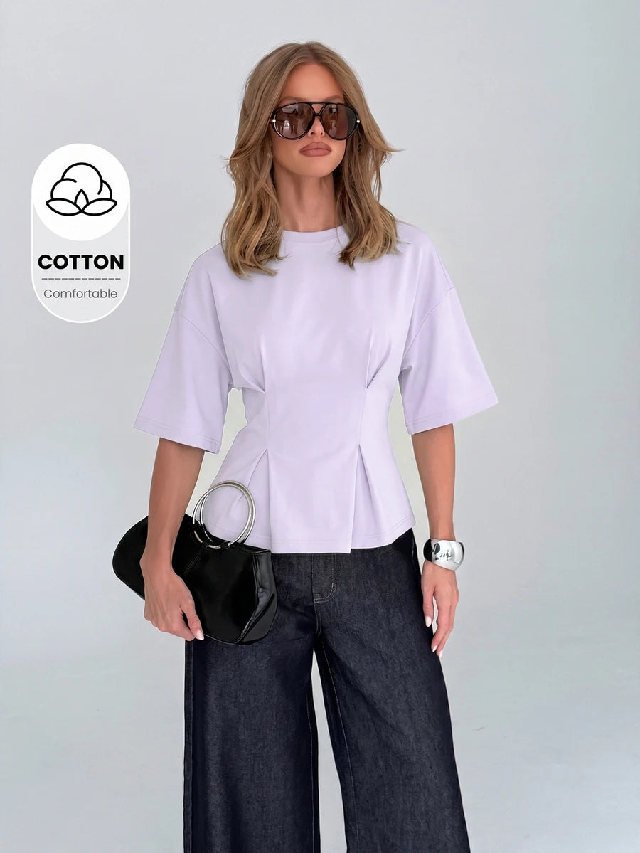 Cotton Elegant Peplum Tee With Kimono Sleeves Elbow Length Flutter Sleeve Office Wear
