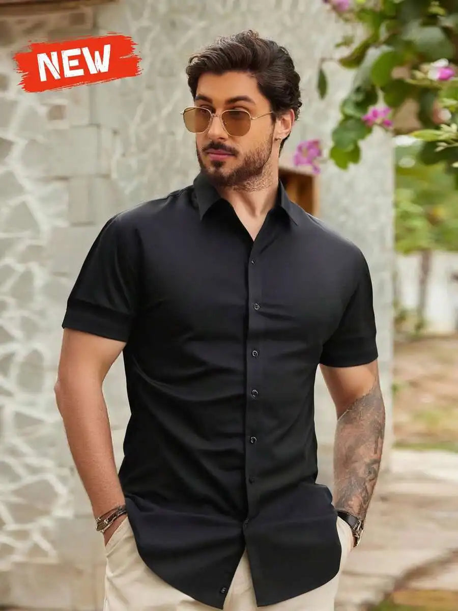 New Mens Solid Color Short Sleeve Casual Shirt Business Smart Fit