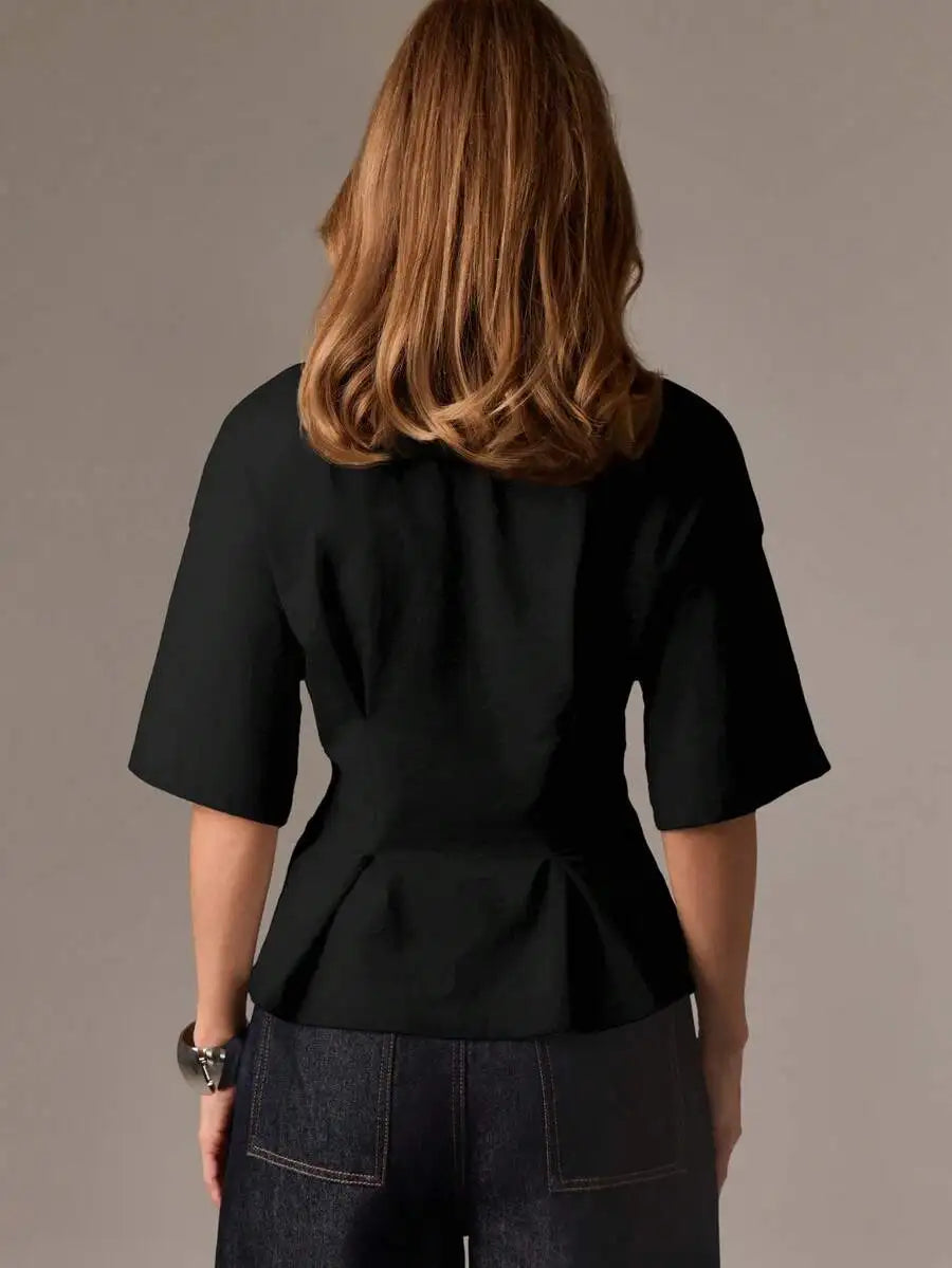 Cotton Elegant Peplum Tee With Kimono Sleeves Elbow Length Flutter Sleeve Office Wear
