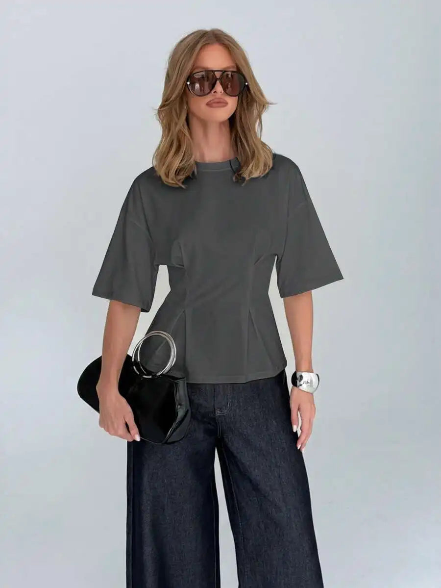 Cotton Elegant Peplum Tee With Kimono Sleeves Elbow Length Flutter Sleeve Office Wear