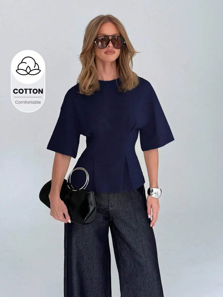Cotton Elegant Peplum Tee With Kimono Sleeves Elbow Length Flutter Sleeve Office Wear