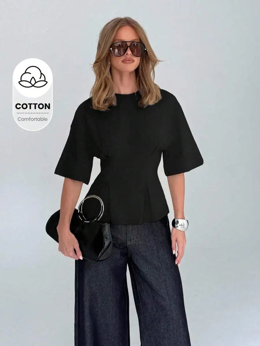 Cotton Elegant Peplum Tee With Kimono Sleeves Elbow Length Flutter Sleeve Office Wear
