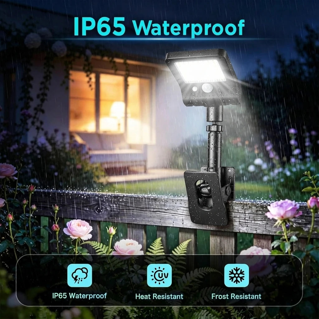 2PCS Clip-On Outdoor Solar Lights with Motion Sensor, 360° Rotatable & Vertically Adjustable Solar Fence Lights, IP65 Waterproof Security Lights for Decks, Gutters and Camping