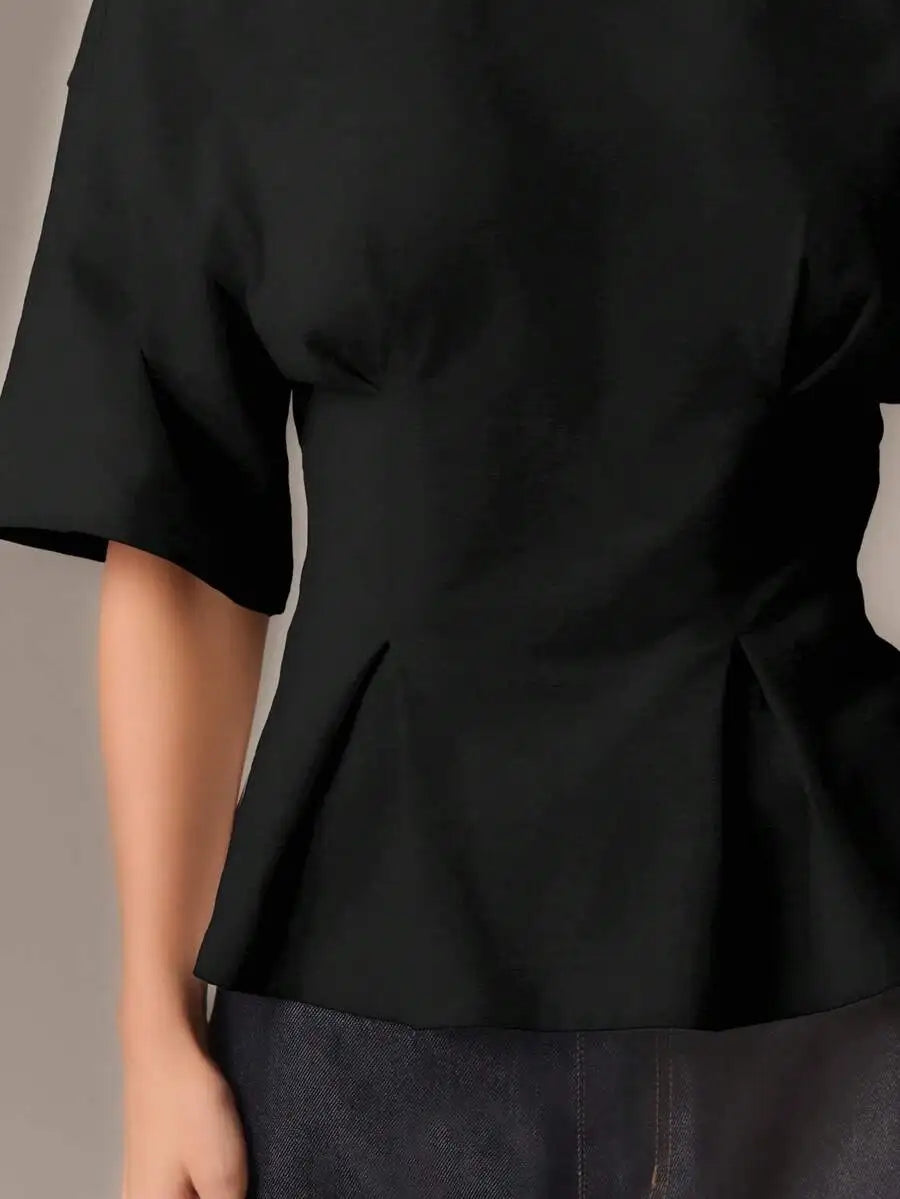 Cotton Elegant Peplum Tee With Kimono Sleeves Elbow Length Flutter Sleeve Office Wear