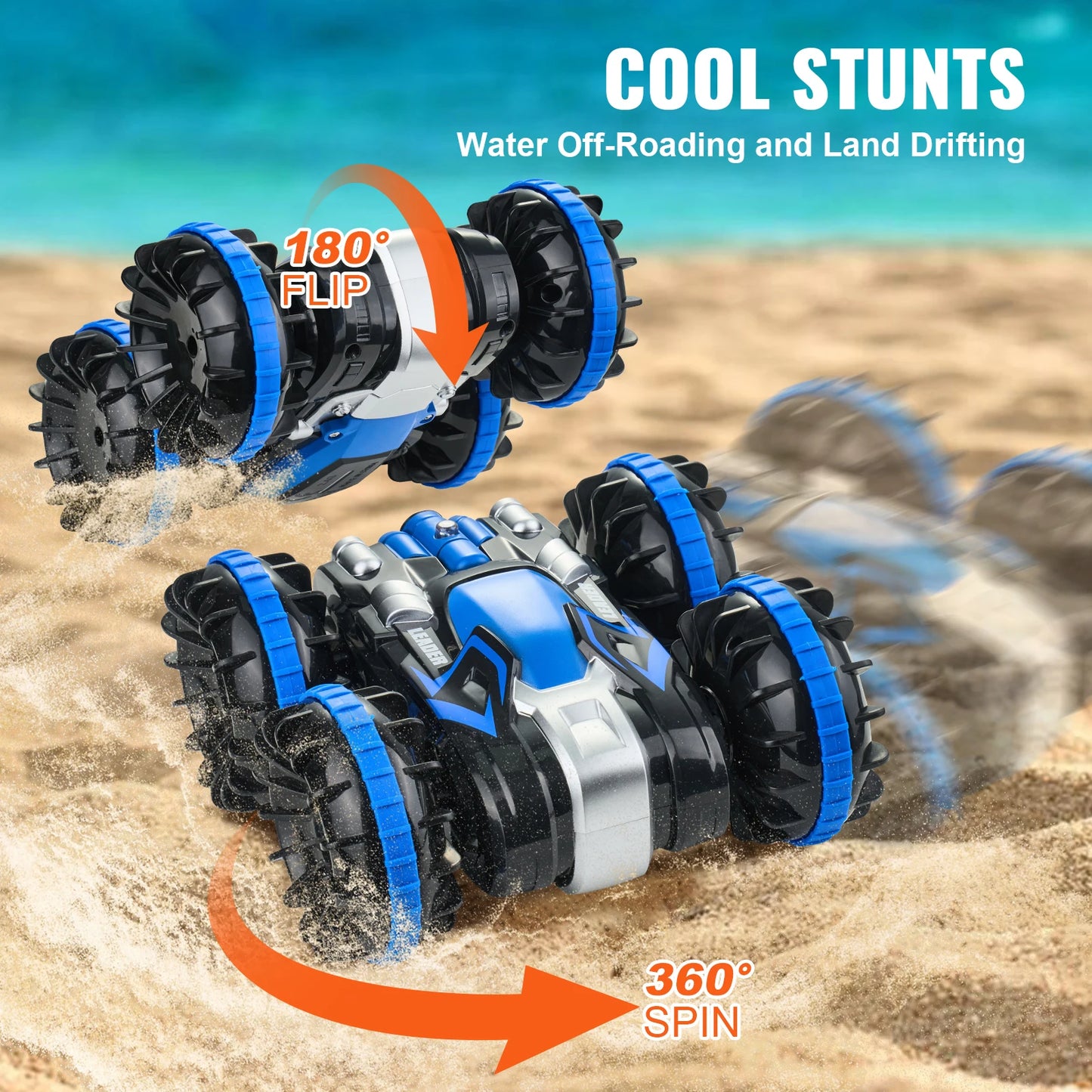 Blue/Yellow Amphibious RC Car Boat 2.4GHz 12 km/h Electric Remote Control 360° Rotating Stunt Car Water Beach Pool Toys