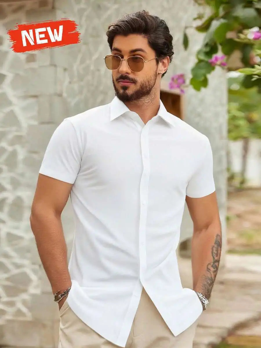 New Mens Solid Color Short Sleeve Casual Shirt Business Smart Fit