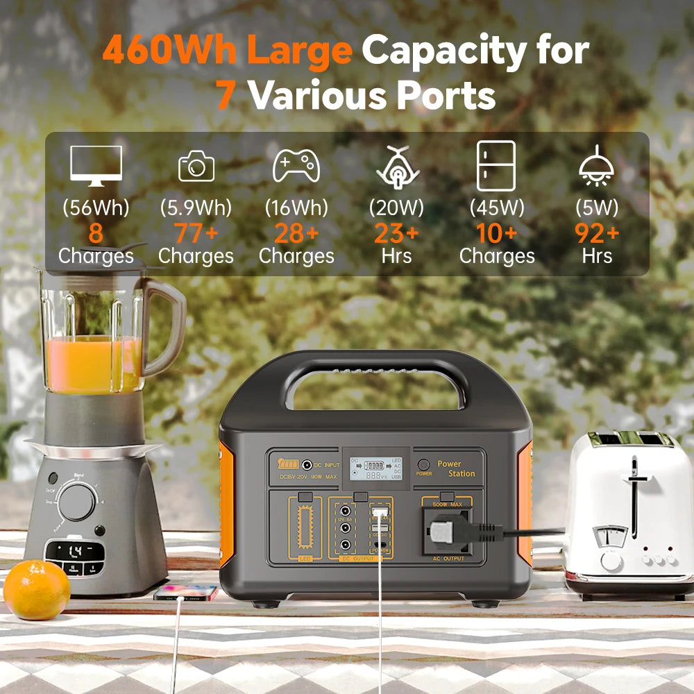 300W 500W Portable Solar Generator 110V 460.8Wh LiFePO4 Battery  Power Station UPS Backup Power Bank  LED Light for Home Camping Outdoor Emergency Power