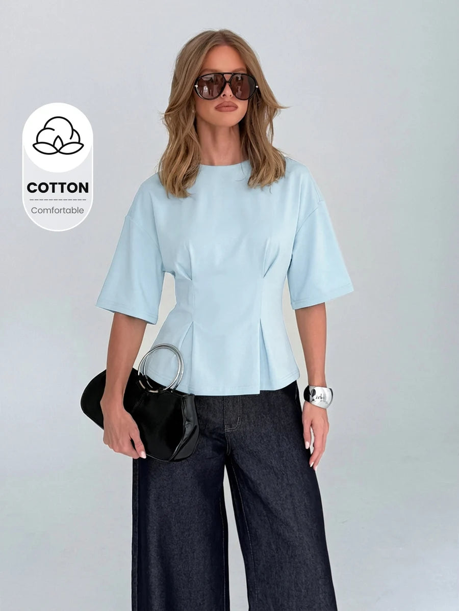 Cotton Elegant Peplum Tee With Kimono Sleeves Elbow Length Flutter Sleeve Office Wear