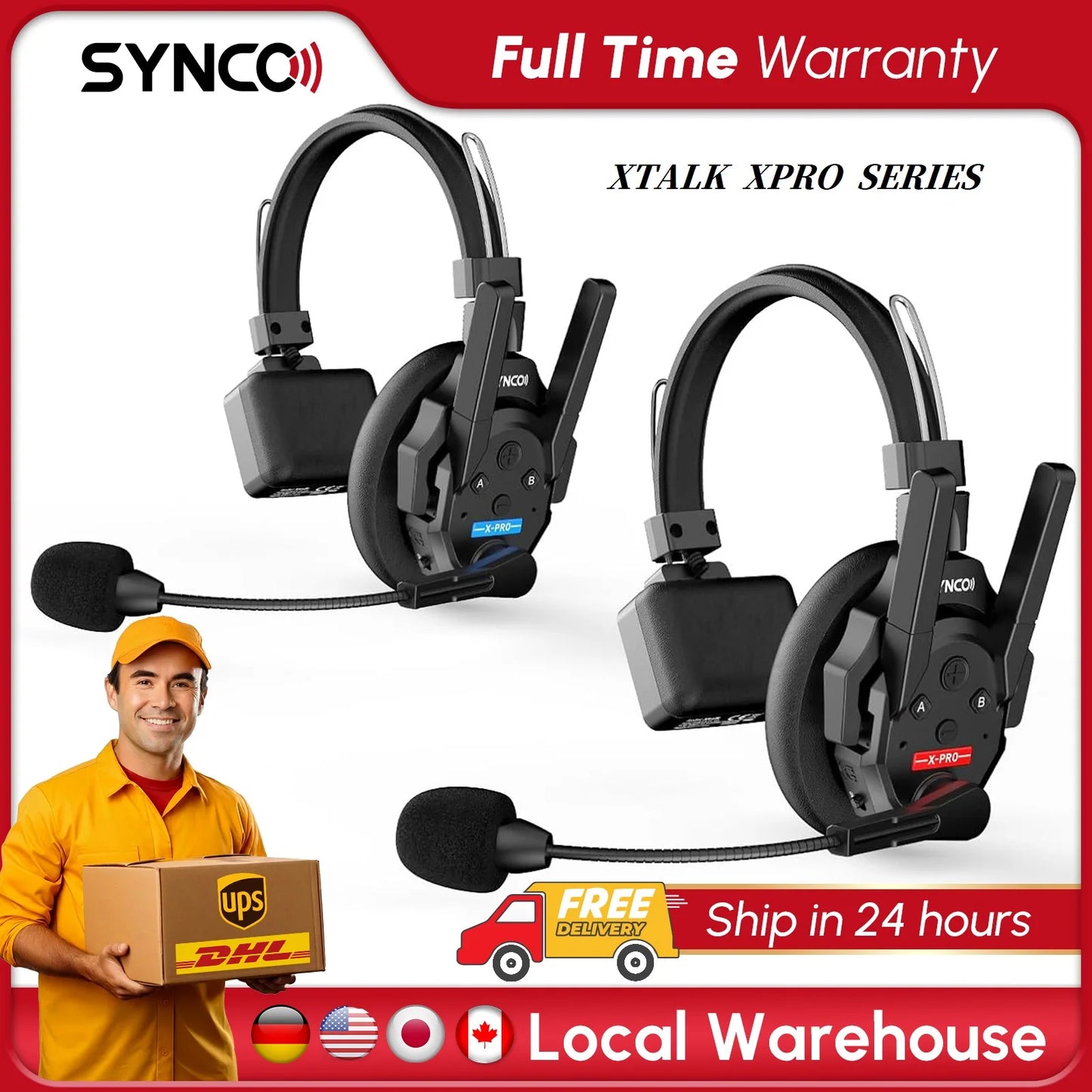 Wireless Intercom Headset 2.4GHz Full Duplex 24H Battery Life 500M Range Real-time Team Communication