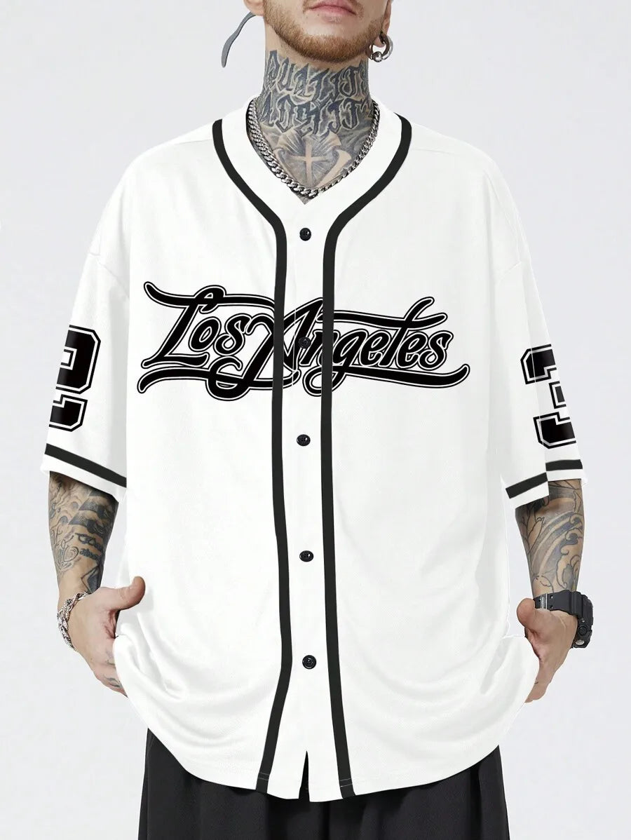 Men White Short Sleeve Baseball Shirt With Contrast Trim And Los Angeles Letter Print Casual Street Style