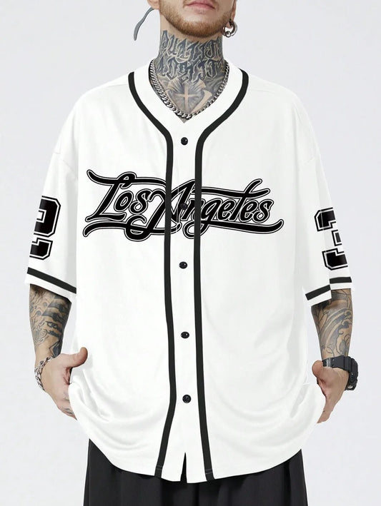Men White Short Sleeve Baseball Shirt With Contrast Trim And Los Angeles Letter Print Casual Street Style