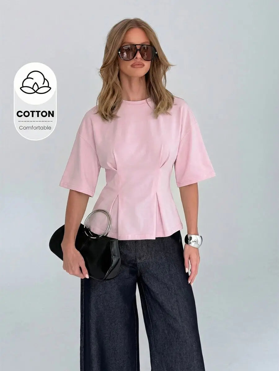 Cotton Elegant Peplum Tee With Kimono Sleeves Elbow Length Flutter Sleeve Office Wear