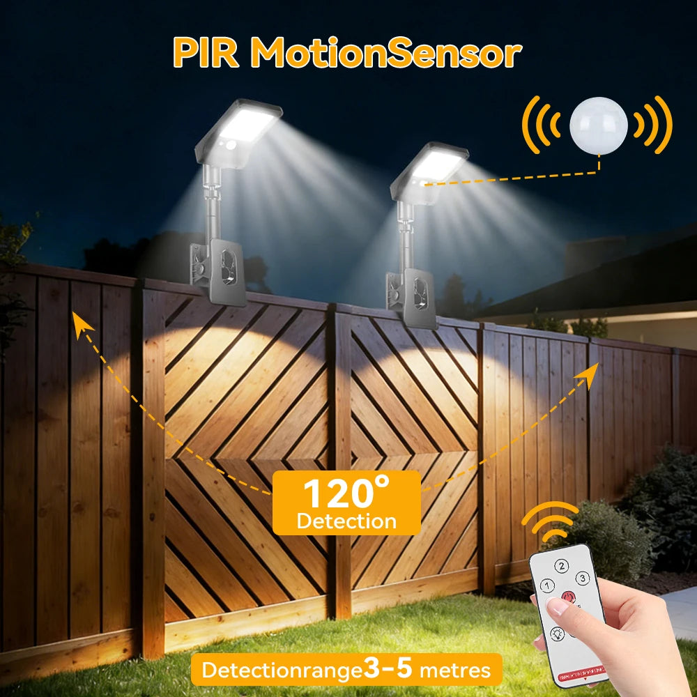 2PCS Clip-On Outdoor Solar Lights with Motion Sensor, 360° Rotatable & Vertically Adjustable Solar Fence Lights, IP65 Waterproof Security Lights for Decks, Gutters and Camping