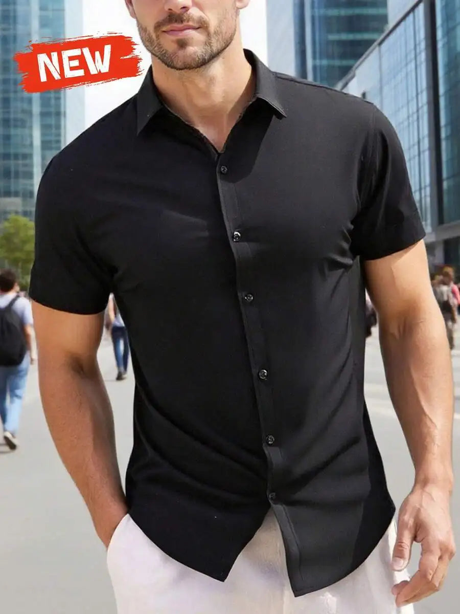 New Mens Solid Color Short Sleeve Casual Shirt Business Smart Fit