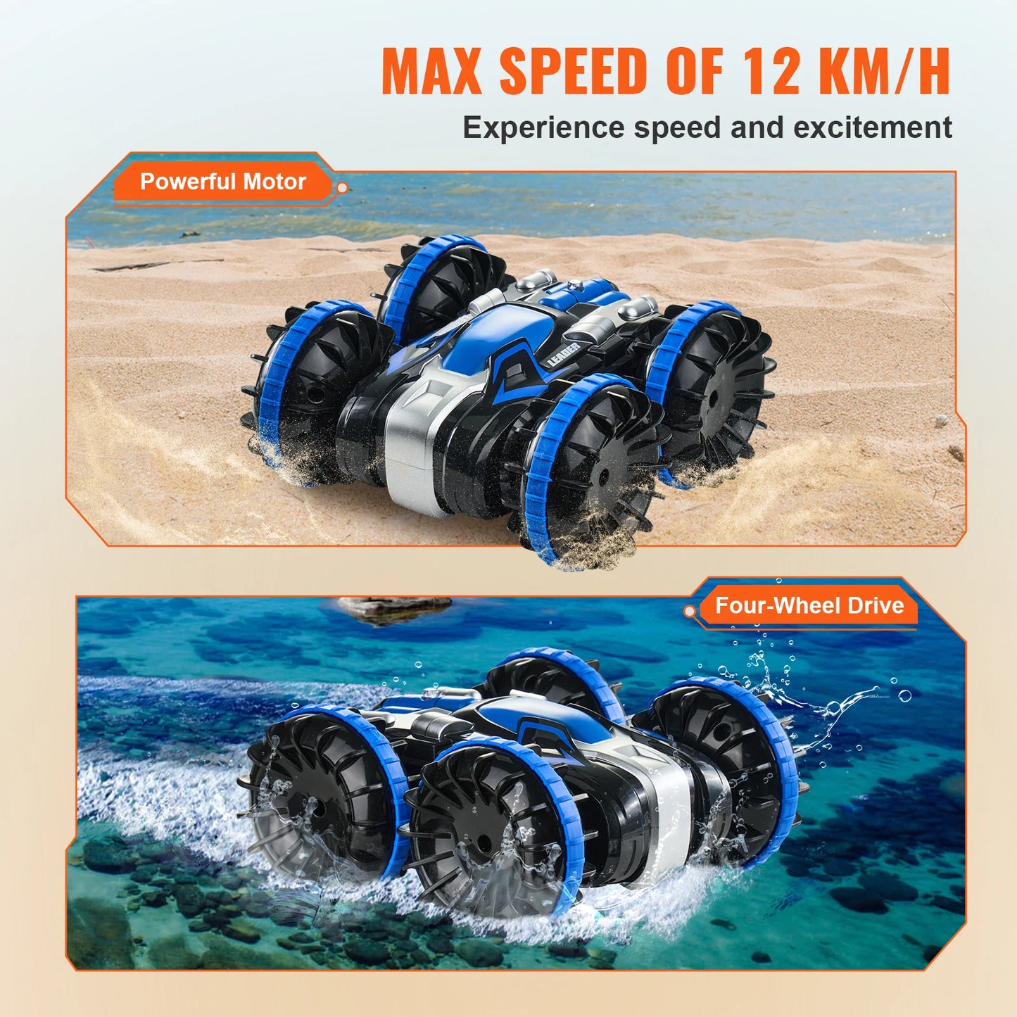Blue/Yellow Amphibious RC Car Boat 2.4GHz 12 km/h Electric Remote Control 360° Rotating Stunt Car Water Beach Pool Toys