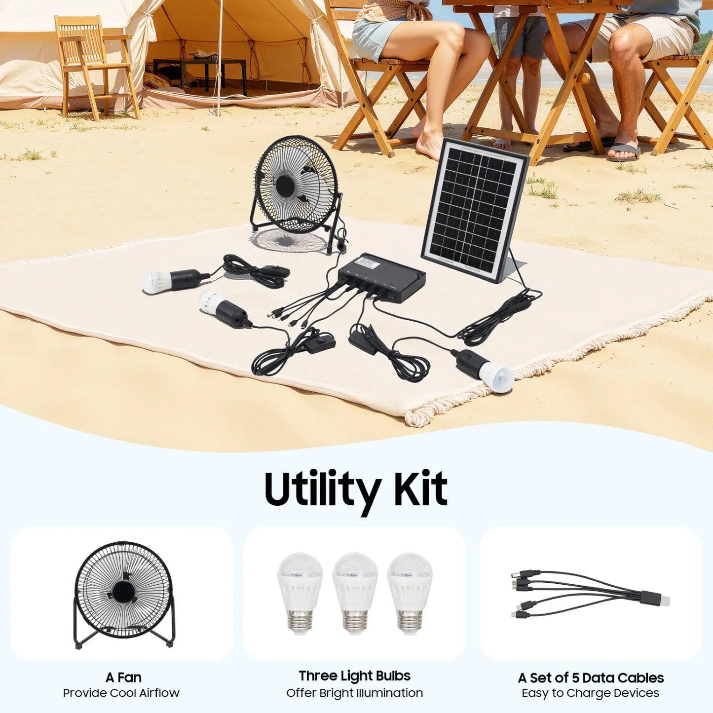 Portable Solar Powered Fan with 3 LED Lights & Mobile Charger -4000mAh Battery, Ideal for Camping, Emergency, Outdoor Use