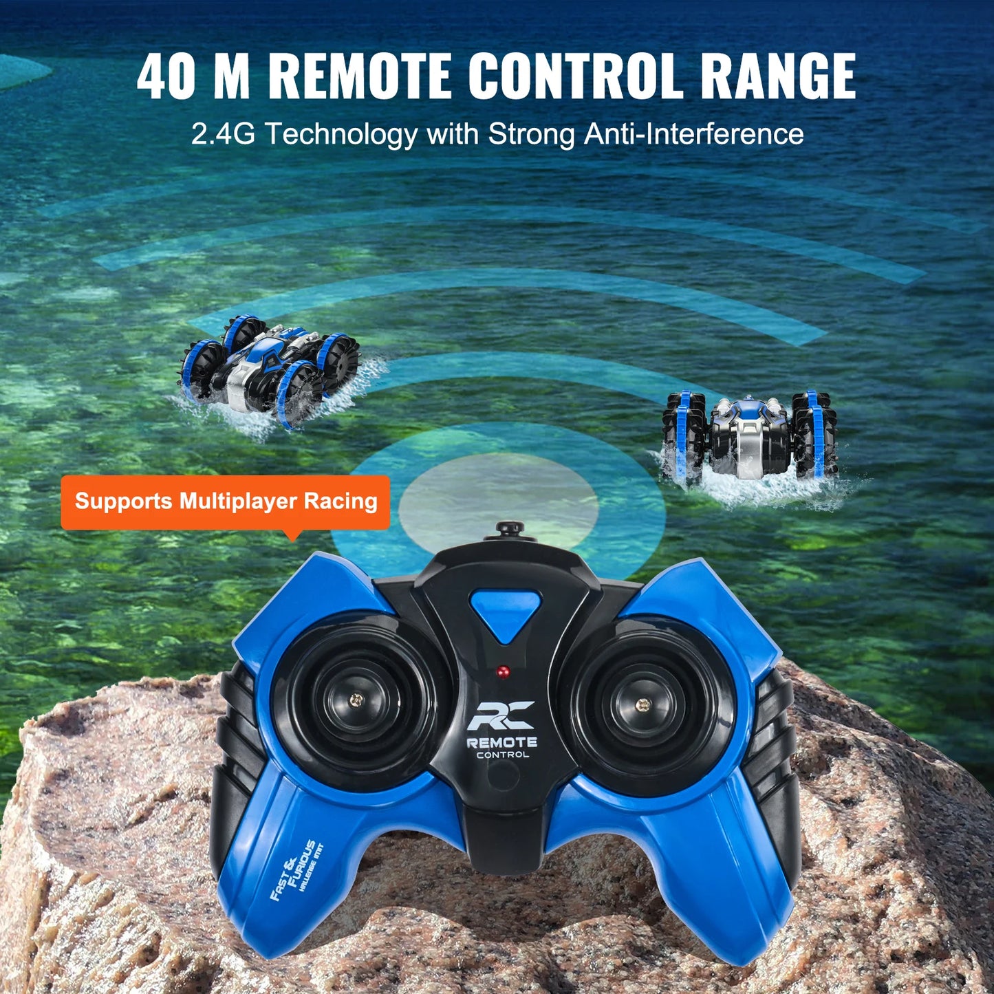 Blue/Yellow Amphibious RC Car Boat 2.4GHz 12 km/h Electric Remote Control 360° Rotating Stunt Car Water Beach Pool Toys