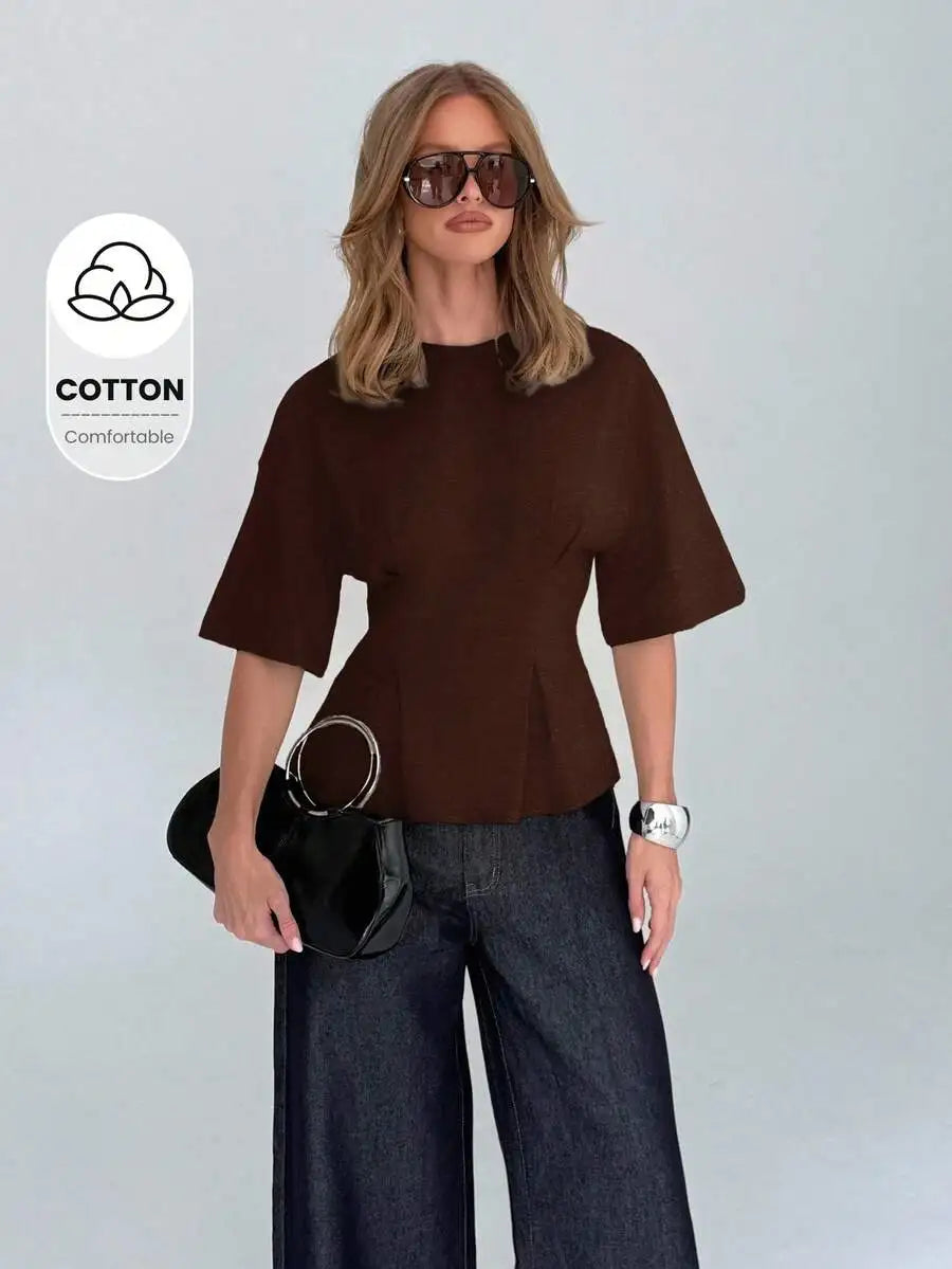 Cotton Elegant Peplum Tee With Kimono Sleeves Elbow Length Flutter Sleeve Office Wear