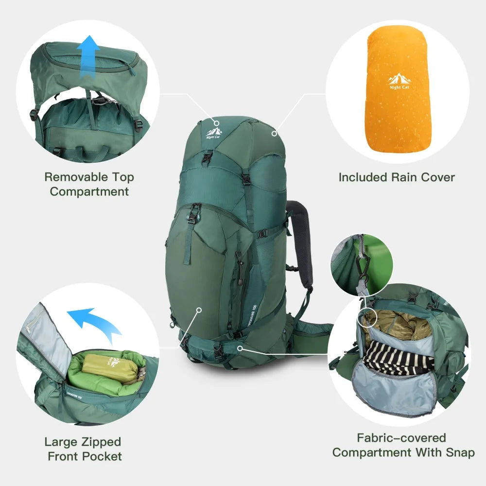 Internal-frame Hiking Backpack: 100L Large Camping Backpack for Men Women Hiking Climbing Traveling Waterproof Rain Cover