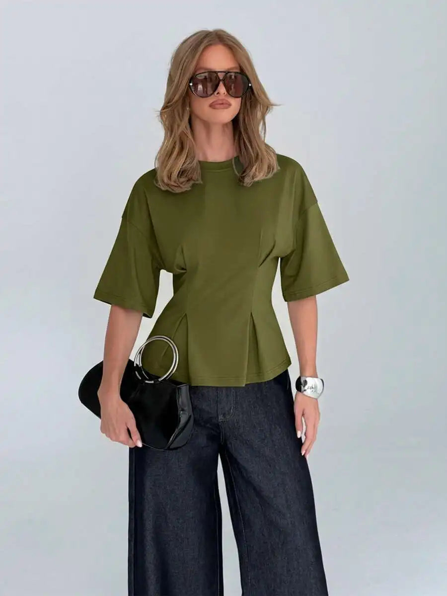 Cotton Elegant Peplum Tee With Kimono Sleeves Elbow Length Flutter Sleeve Office Wear