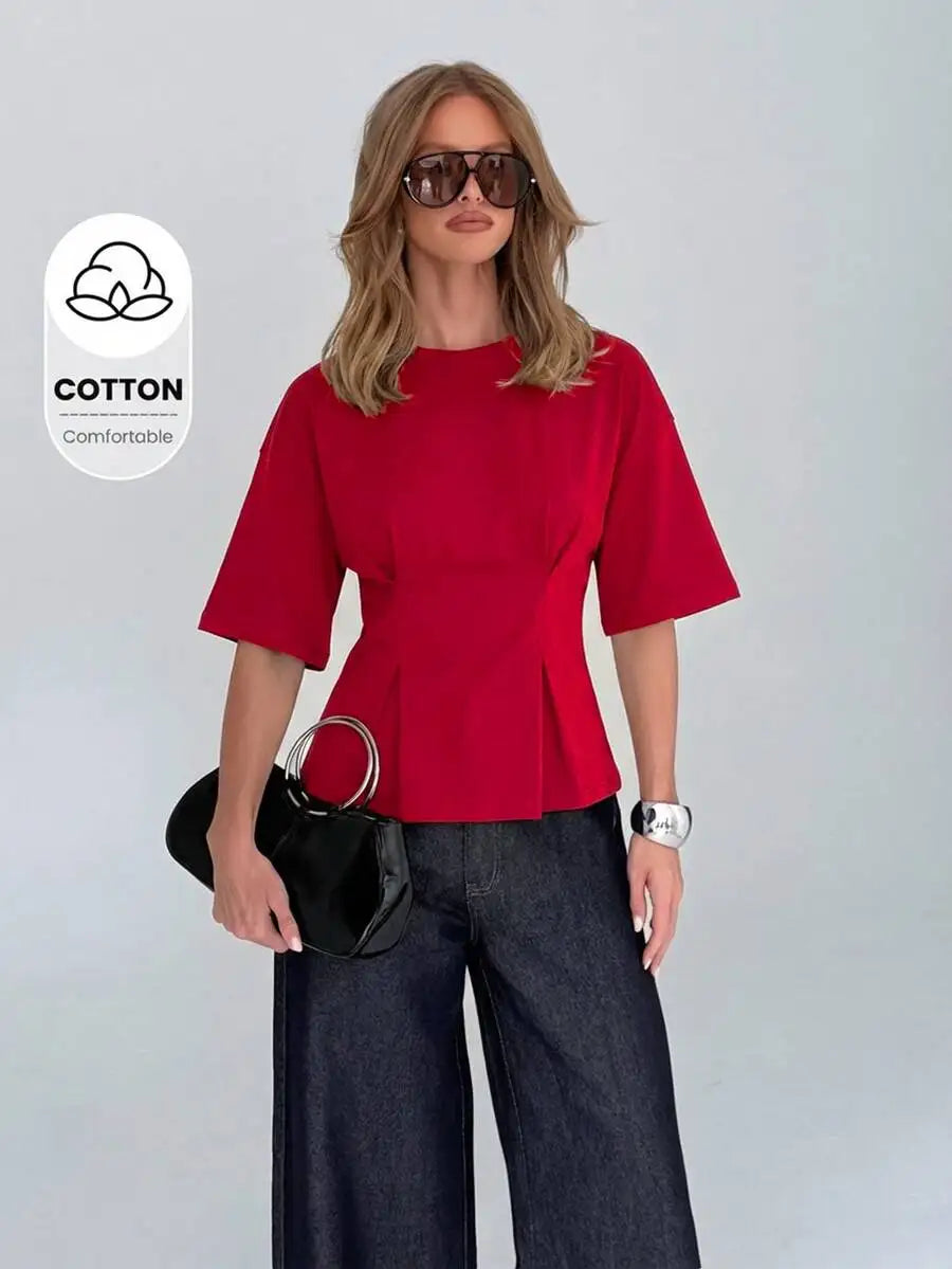 Cotton Elegant Peplum Tee With Kimono Sleeves Elbow Length Flutter Sleeve Office Wear