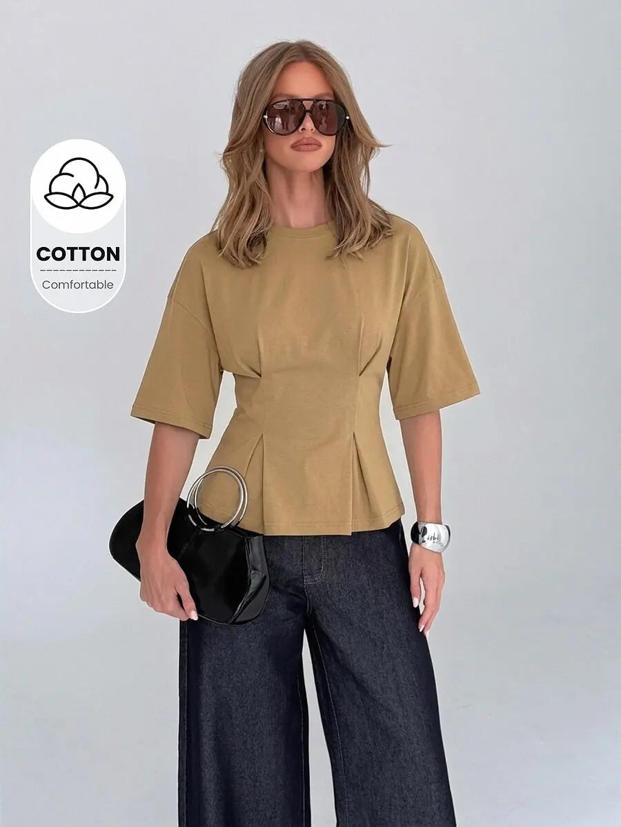 Cotton Elegant Peplum Tee With Kimono Sleeves Elbow Length Flutter Sleeve Office Wear