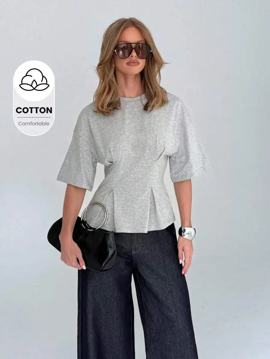 Cotton Elegant Peplum Tee With Kimono Sleeves Elbow Length Flutter Sleeve Office Wear