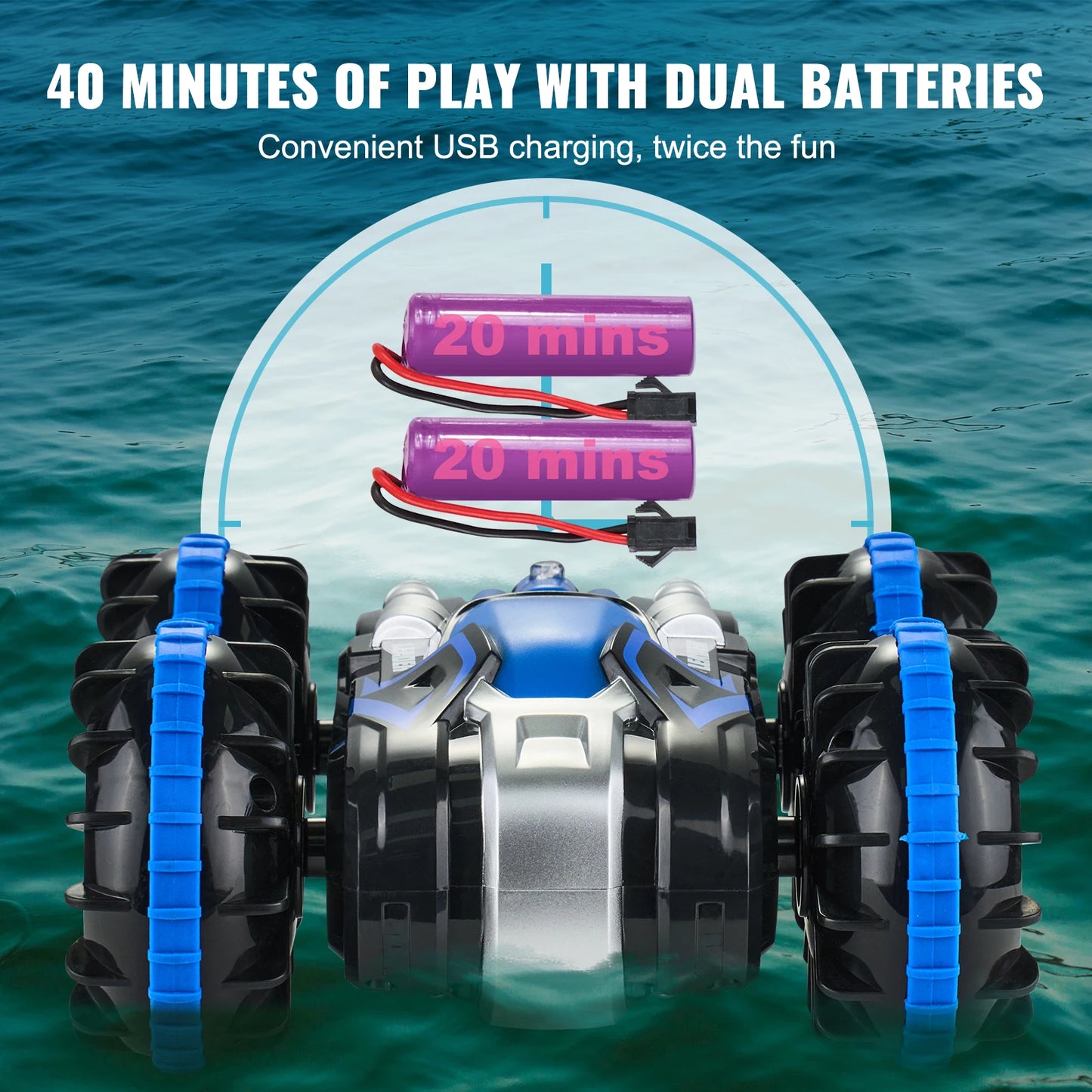 Blue/Yellow Amphibious RC Car Boat 2.4GHz 12 km/h Electric Remote Control 360° Rotating Stunt Car Water Beach Pool Toys