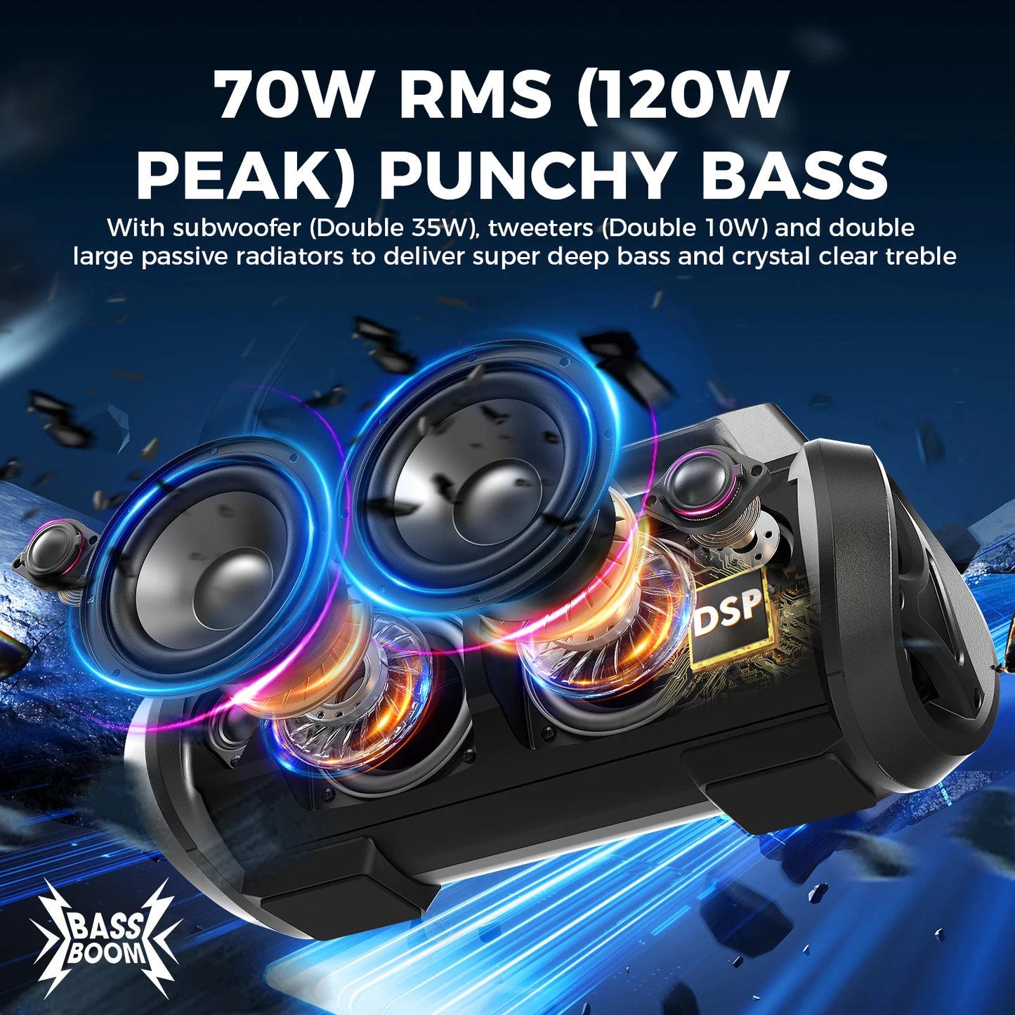 70W RMS Bluetooth Portable Speaker,  Speaker Wireless Loud IPX6 Waterproof Bluetooth Speakers with Subwoofer/Bass Boost
