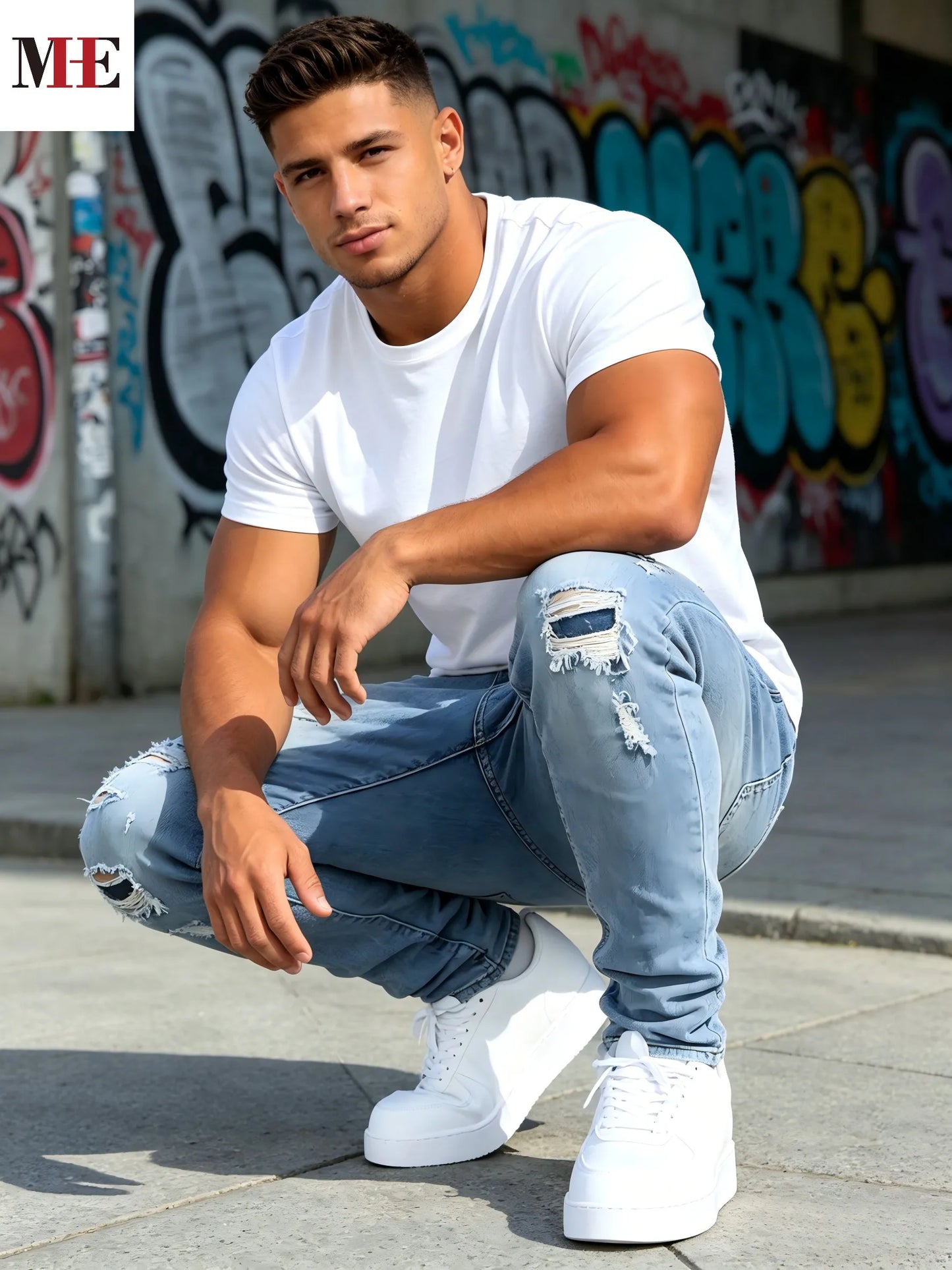 Men's Stretch Denim Pants, Light Blue Slim Ripped Skinny Jeans for Comfortable Fit