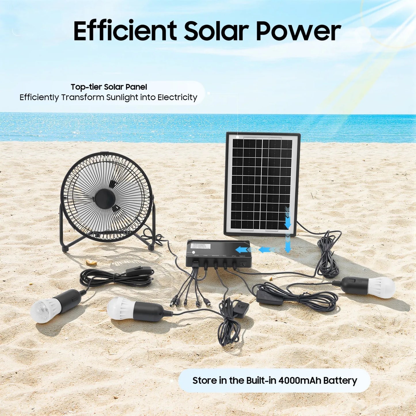 Portable Solar Powered Fan with 3 LED Lights & Mobile Charger -4000mAh Battery, Ideal for Camping, Emergency, Outdoor Use