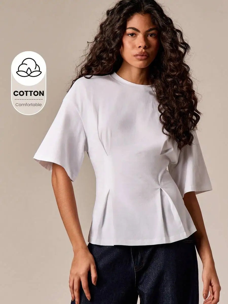 Cotton Elegant Peplum Tee With Kimono Sleeves Elbow Length Flutter Sleeve Office Wear