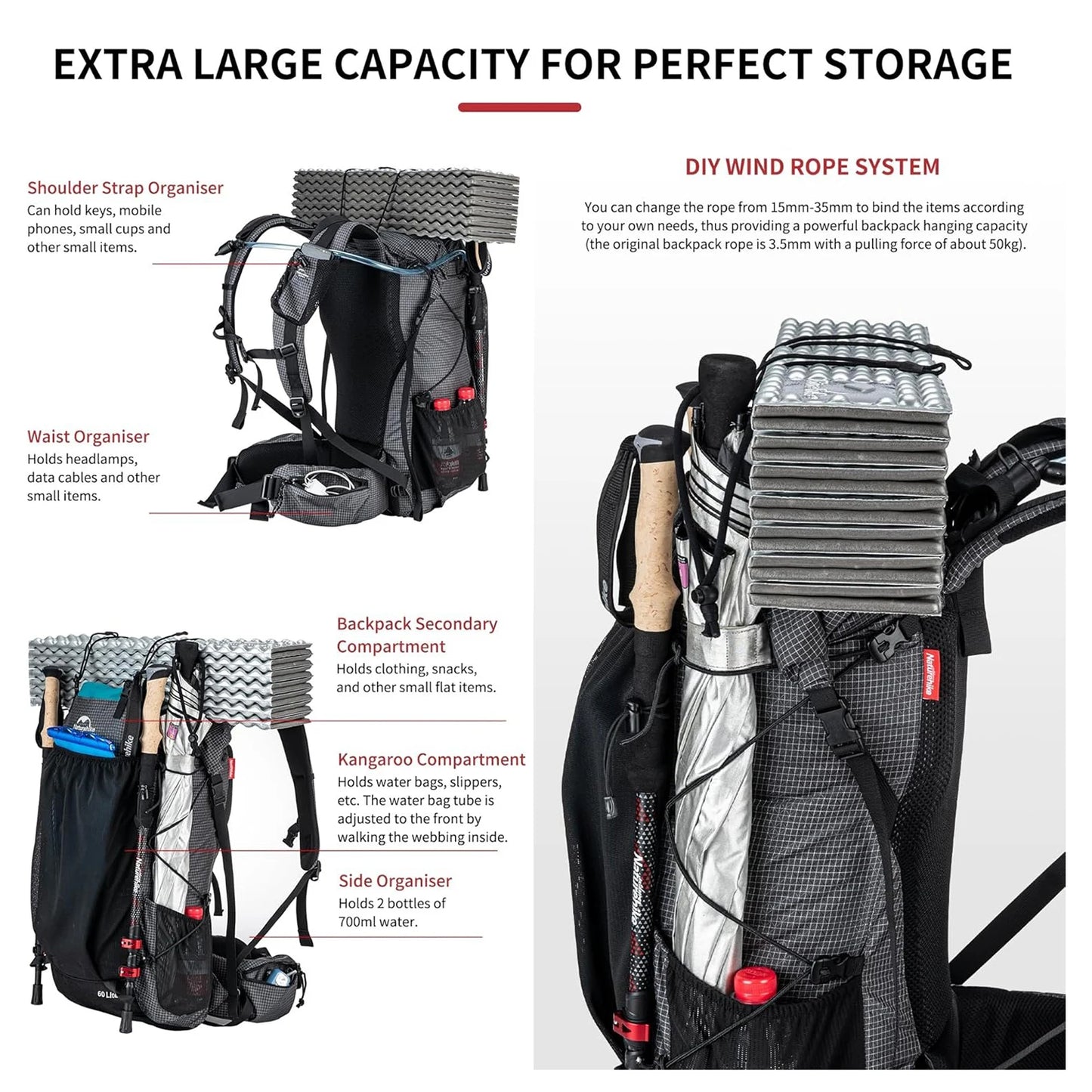 Outdoor Bags 40L 60L Travel Backpacks Large Capacity 60+5L Camping Hiking Packs Hiking Bag With Rain Cover