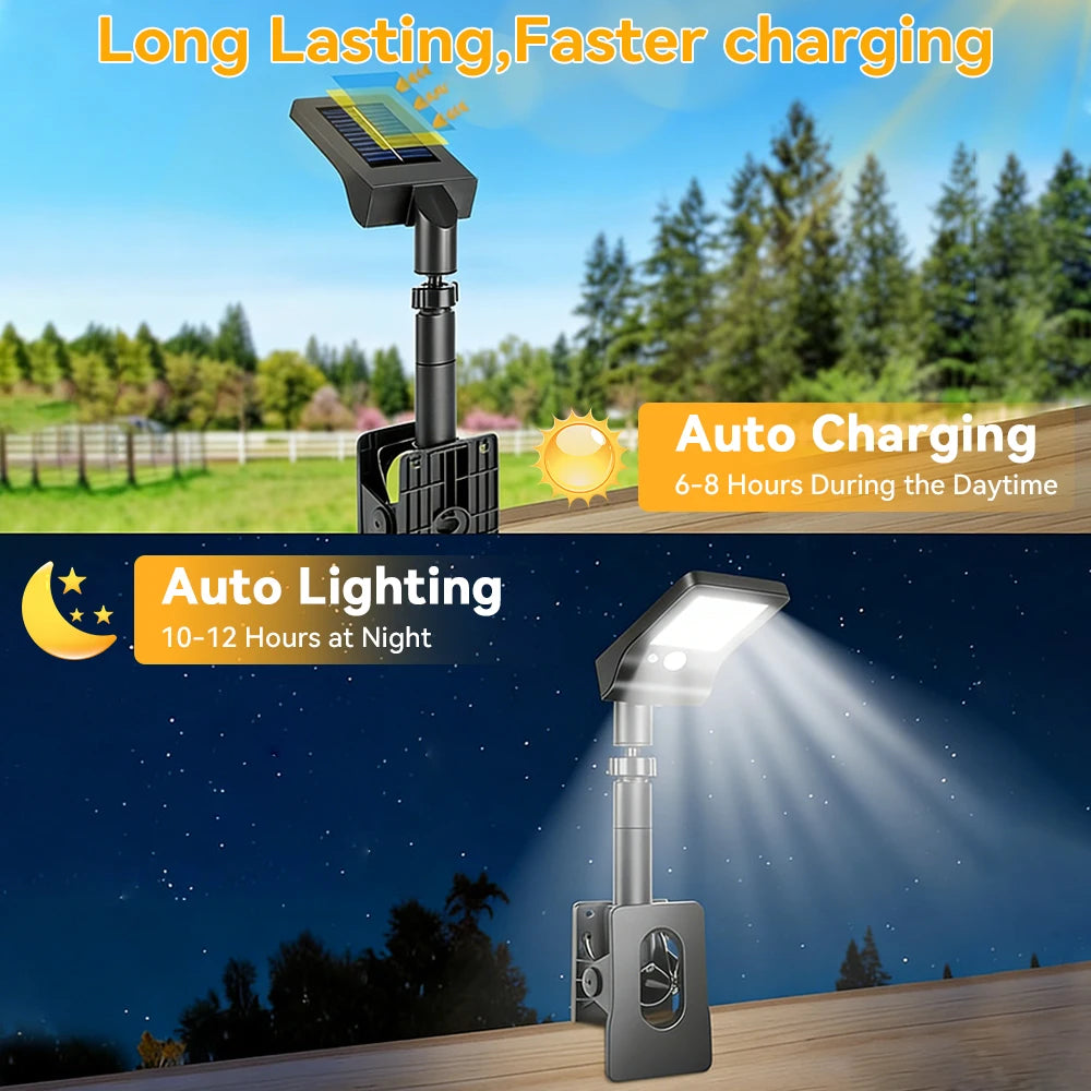 2PCS Clip-On Outdoor Solar Lights with Motion Sensor, 360° Rotatable & Vertically Adjustable Solar Fence Lights, IP65 Waterproof Security Lights for Decks, Gutters and Camping