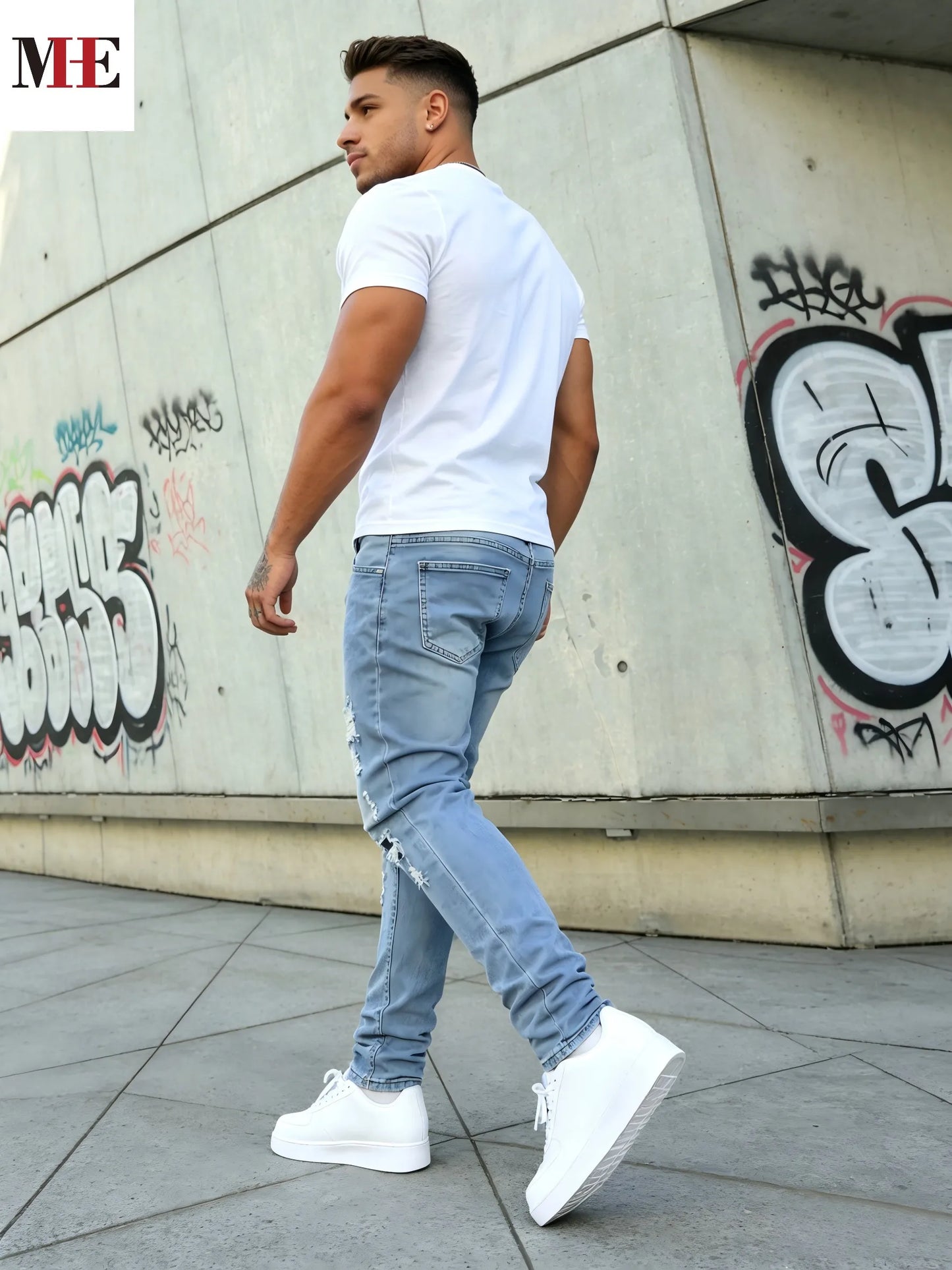 Men's Stretch Denim Pants, Light Blue Slim Ripped Skinny Jeans for Comfortable Fit