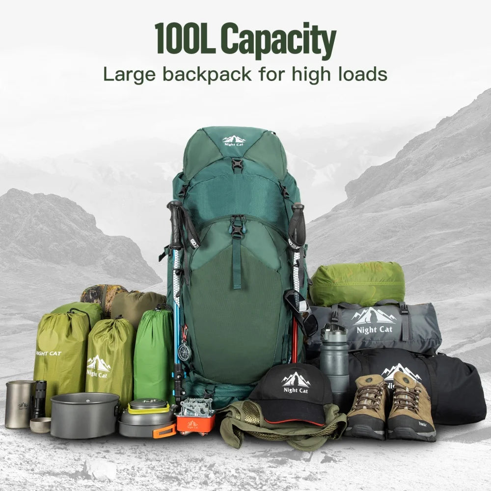Internal-frame Hiking Backpack: 100L Large Camping Backpack for Men Women Hiking Climbing Traveling Waterproof Rain Cover