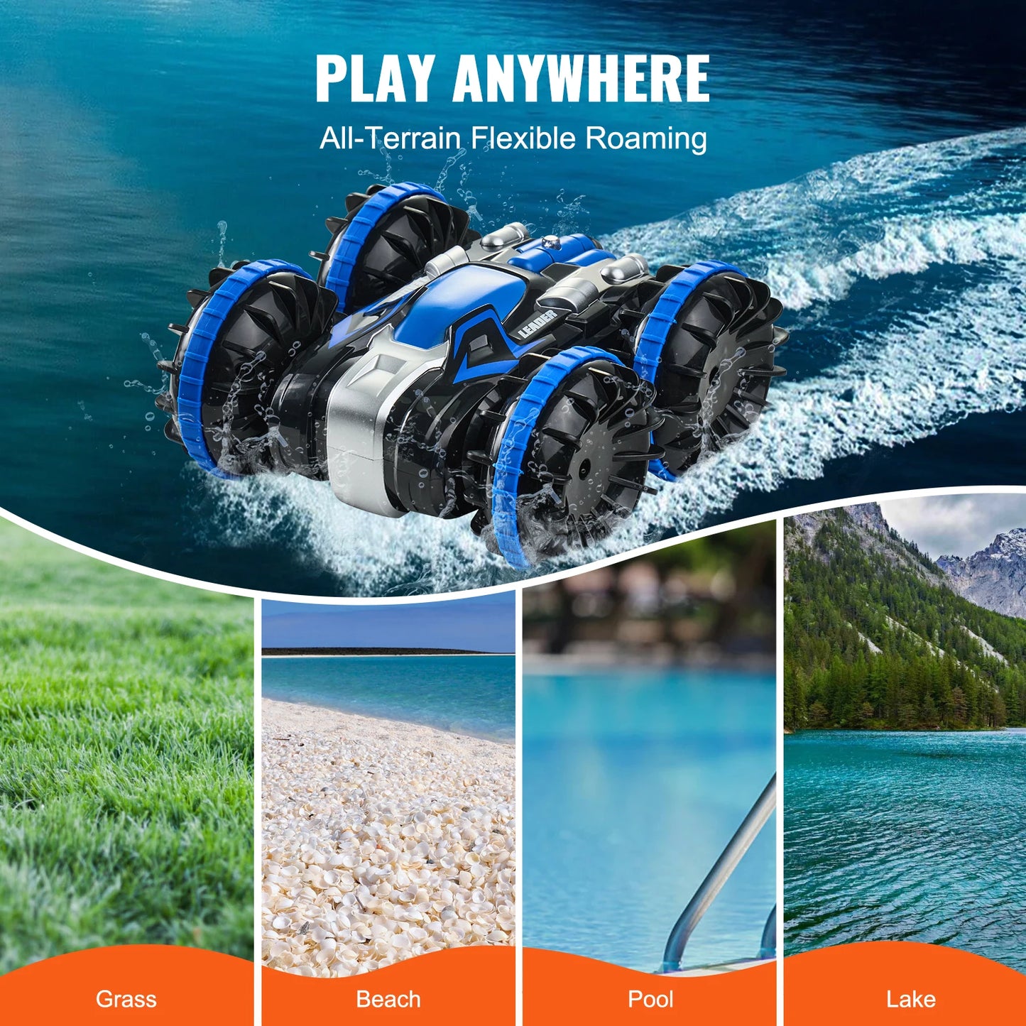 Blue/Yellow Amphibious RC Car Boat 2.4GHz 12 km/h Electric Remote Control 360° Rotating Stunt Car Water Beach Pool Toys