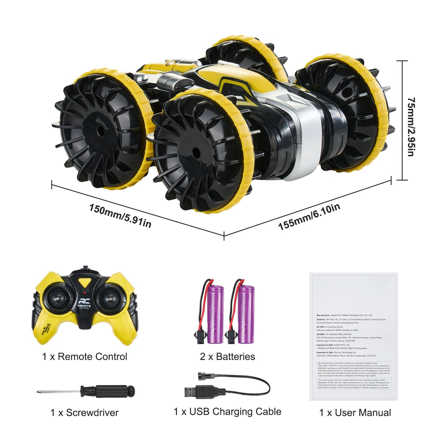 Blue/Yellow Amphibious RC Car Boat 2.4GHz 12 km/h Electric Remote Control 360° Rotating Stunt Car Water Beach Pool Toys