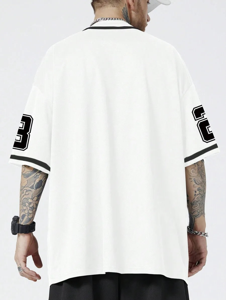 Men White Short Sleeve Baseball Shirt With Contrast Trim And Los Angeles Letter Print Casual Street Style