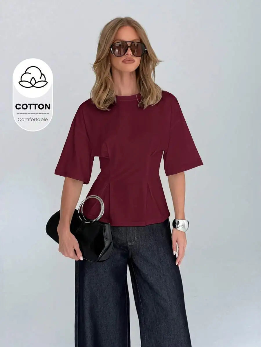 Cotton Elegant Peplum Tee With Kimono Sleeves Elbow Length Flutter Sleeve Office Wear